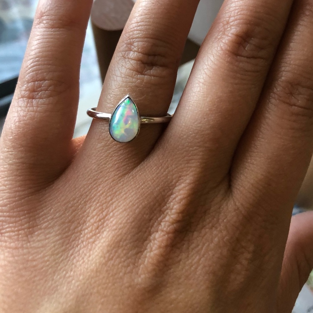 Pear shaped simulated opal ring 925